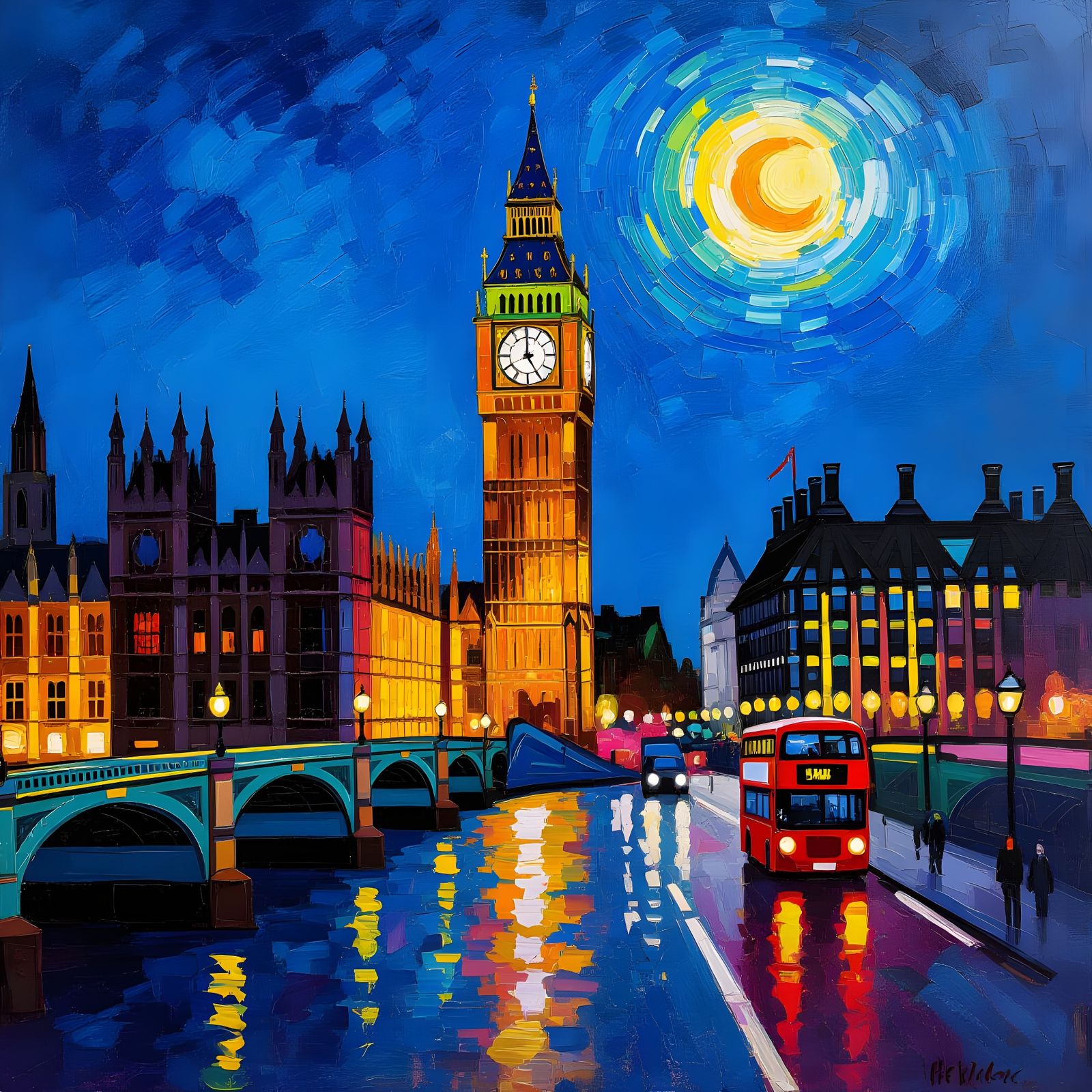 Big Ben at Night: Expressionist Oil Painting