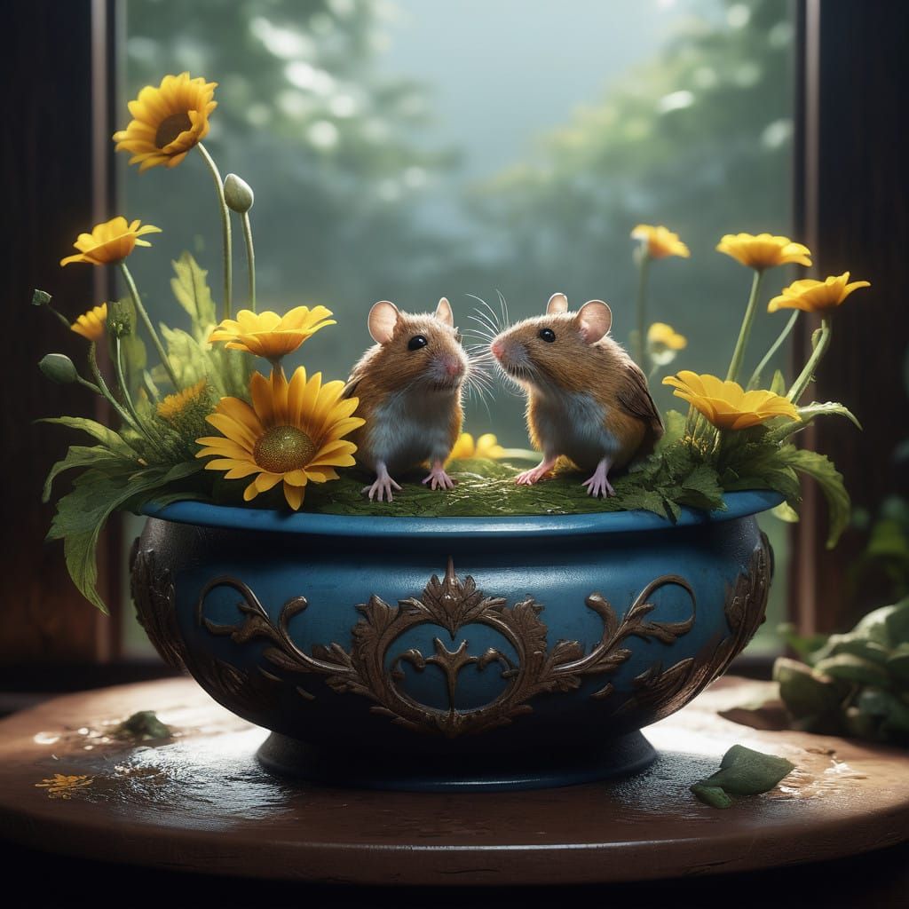 Whimsical Bird Bath Scene in Vibrant Fantasy Art Style