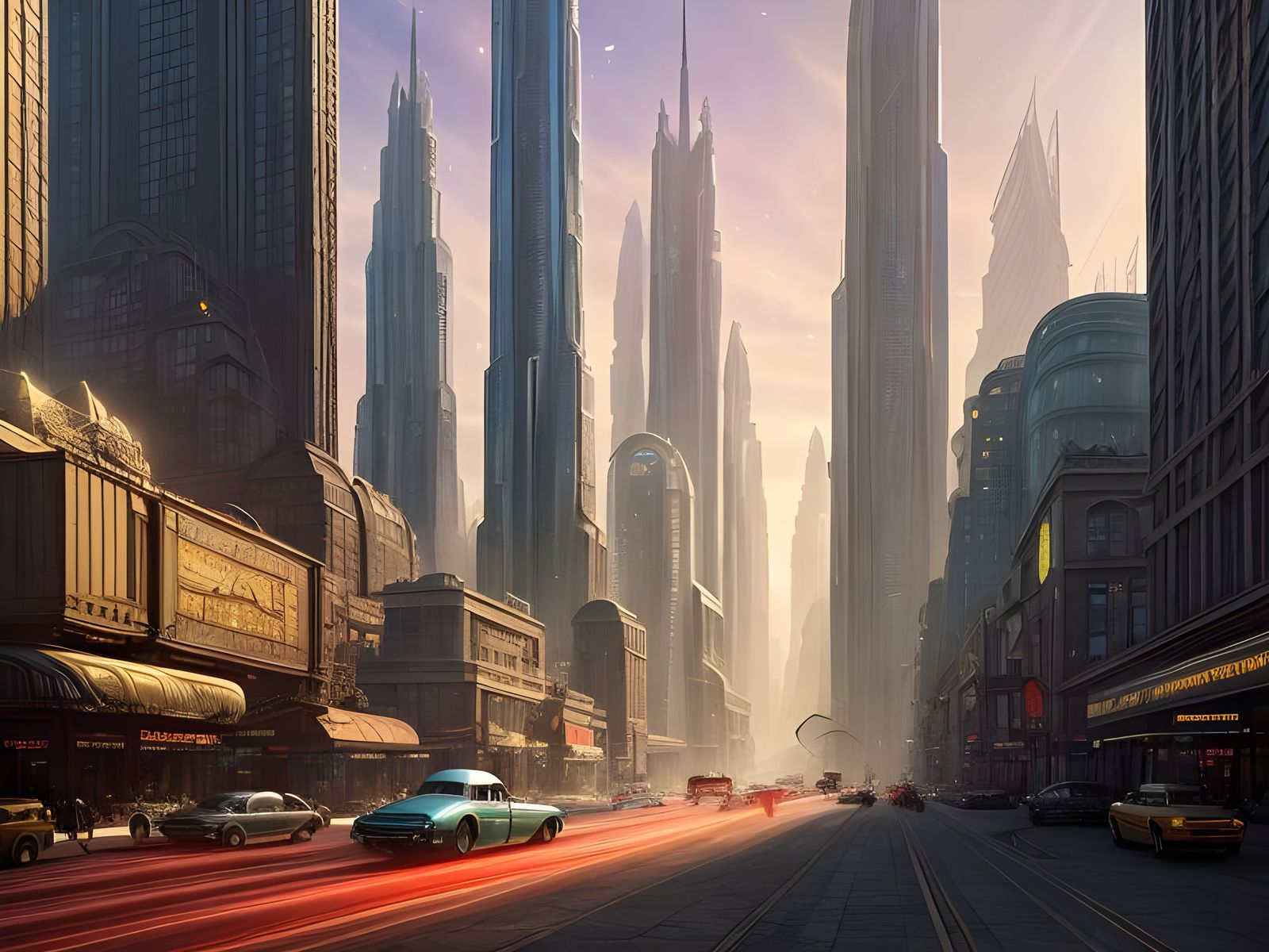 Retro-Futuristic Cityscape with Art Deco Skyscrapers