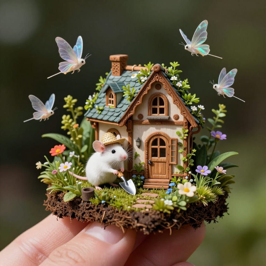 Photorealistic Tiny House on Finger in Miniature Garden