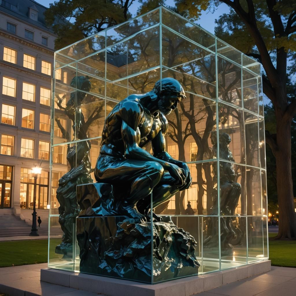 Futuristic Thinker Statue in Translucent Glass Cube