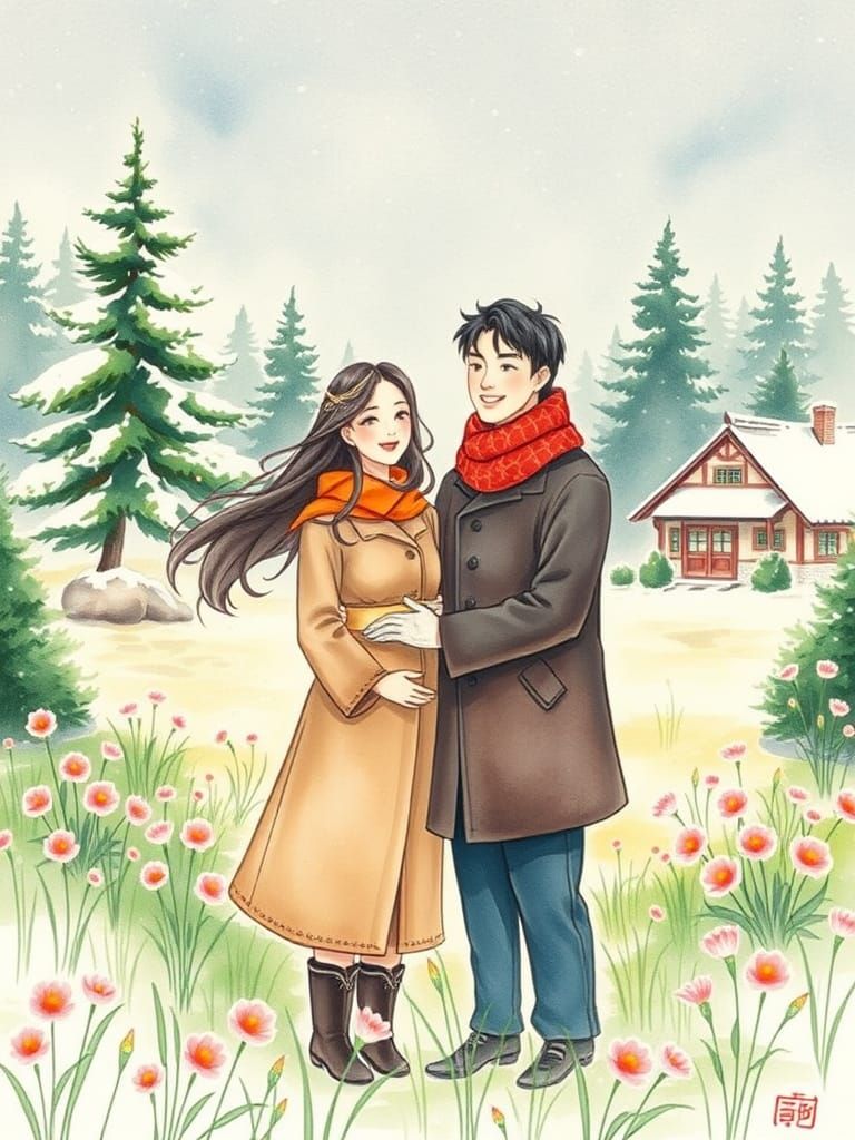 Couple in Winter Wonderland Watercolor