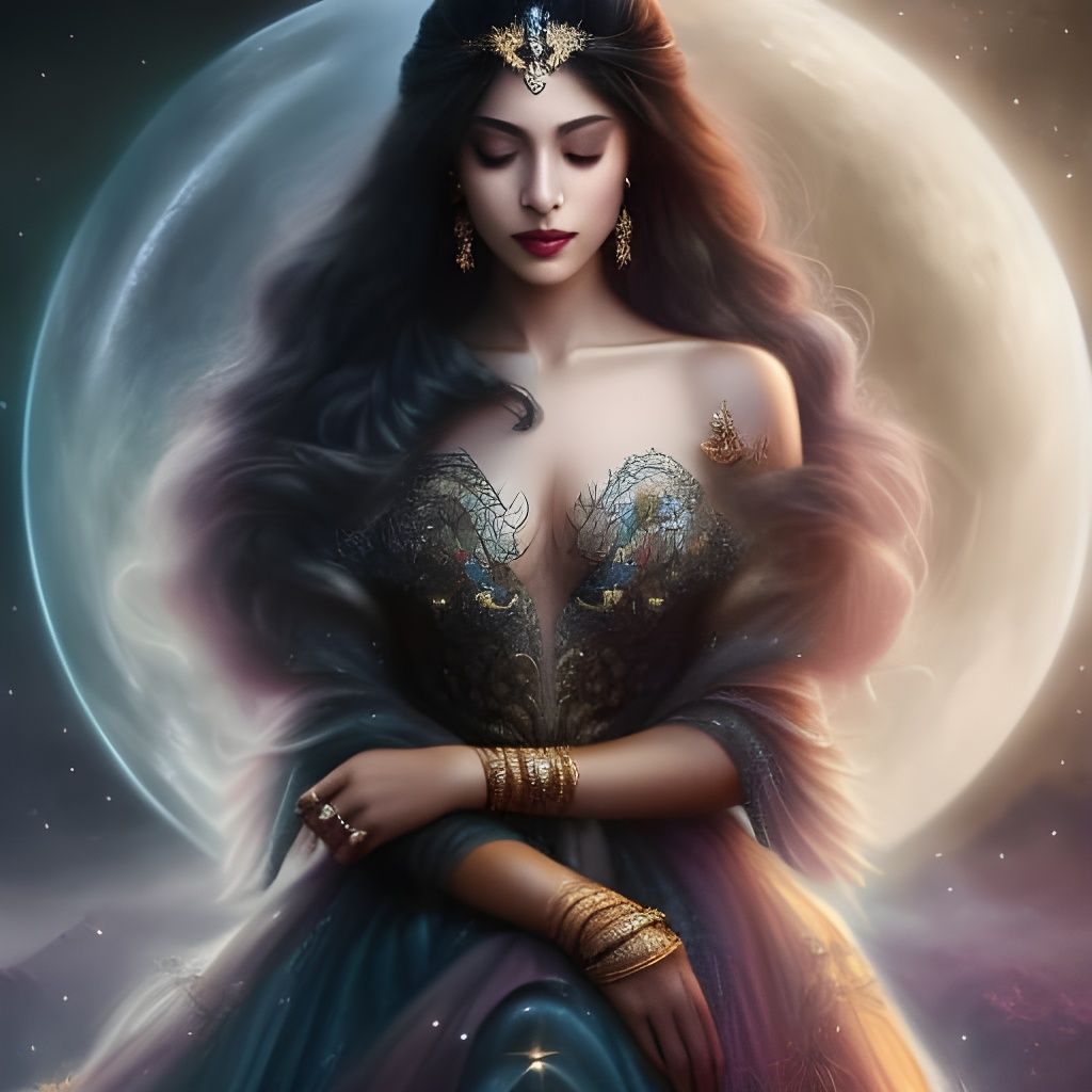 Ebony Angel in Celestial Dress: Digital Art