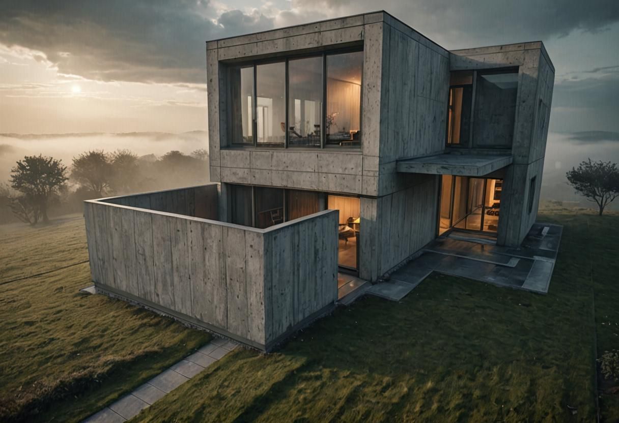 Brutalist Modern House in Misty Dawn Landscape