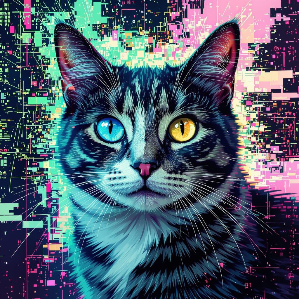 Paralyzed Cat Portrait with Glitched Digital Errors