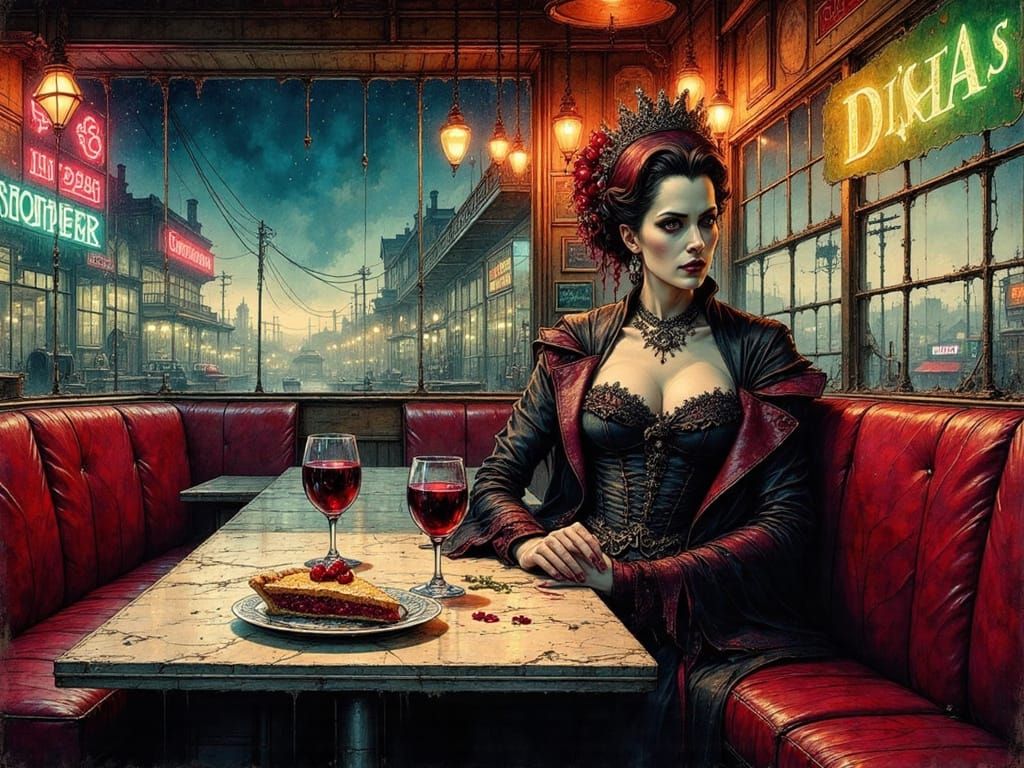 Vampire Queen's Late-Night Diner Solitude in Ink Style