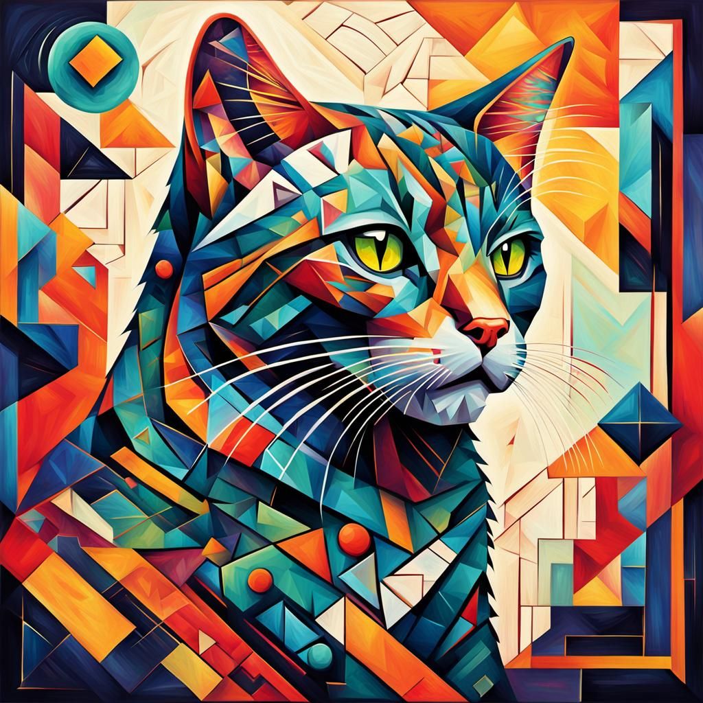 Geometric Cubist Cat in Art Deco Style