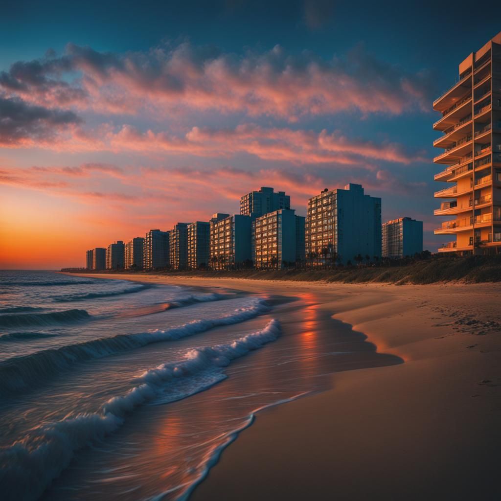 Cinematic Galactic City Sunrise on Blue Seashore
