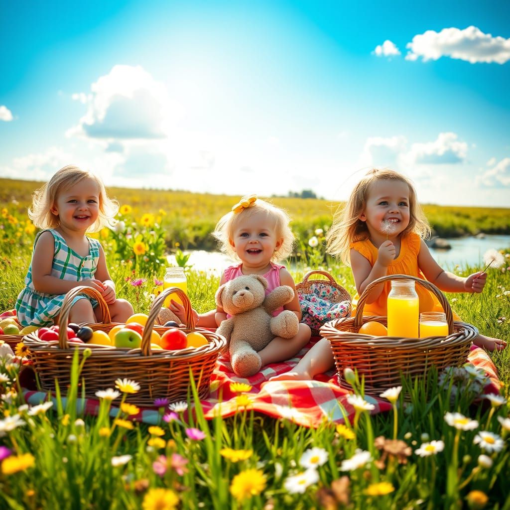 Children's Picnic in Sunny Meadow: A Joyful Scene