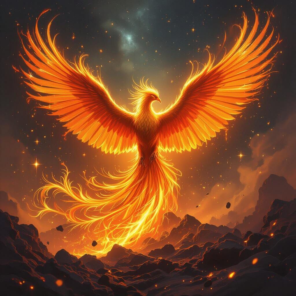 Phoenix Rising from Molten Gold in Fantasy Art