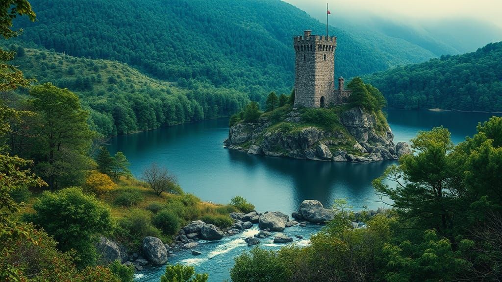 Mysterious Stone Tower on Island in Forest Lake