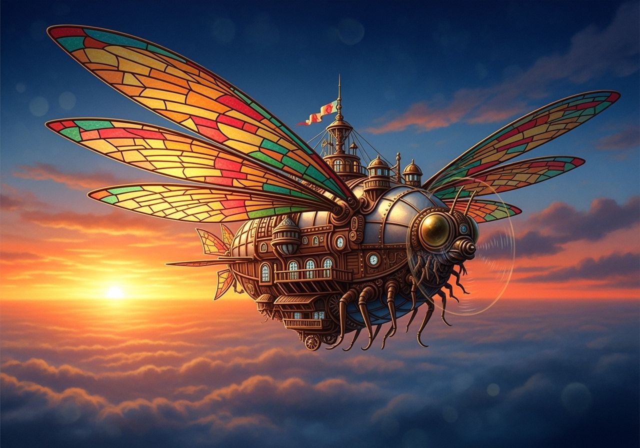 Steampunk Dragonfly Airship Soaring at Sunset