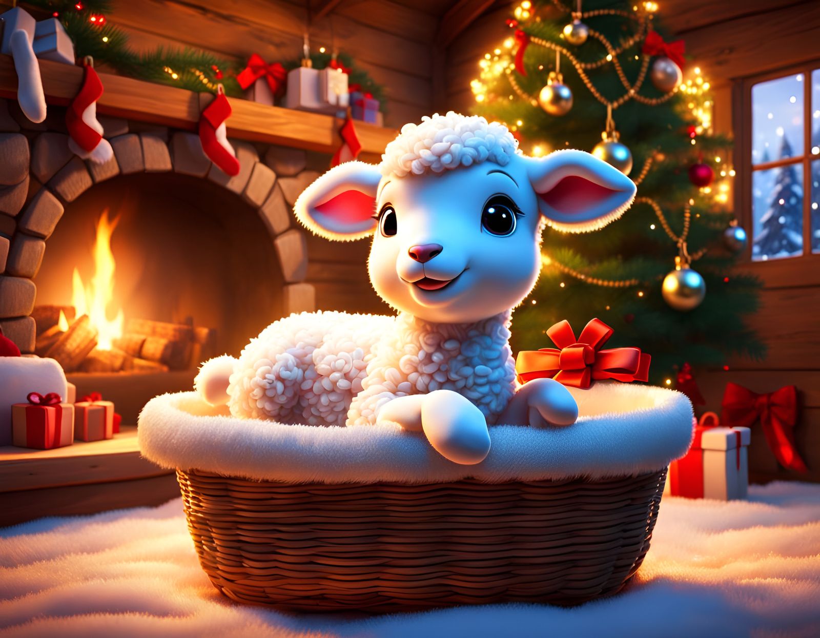 Cute Baby Lamb in Cozy Christmas Cabin