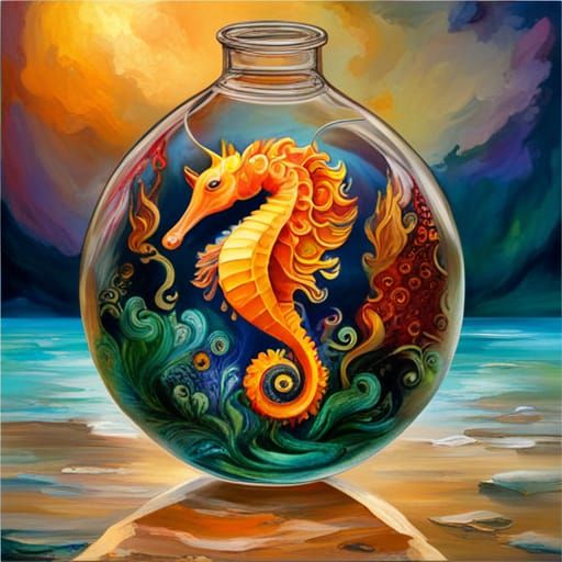 Seahorses in Bottles: Digital Art Nouveau