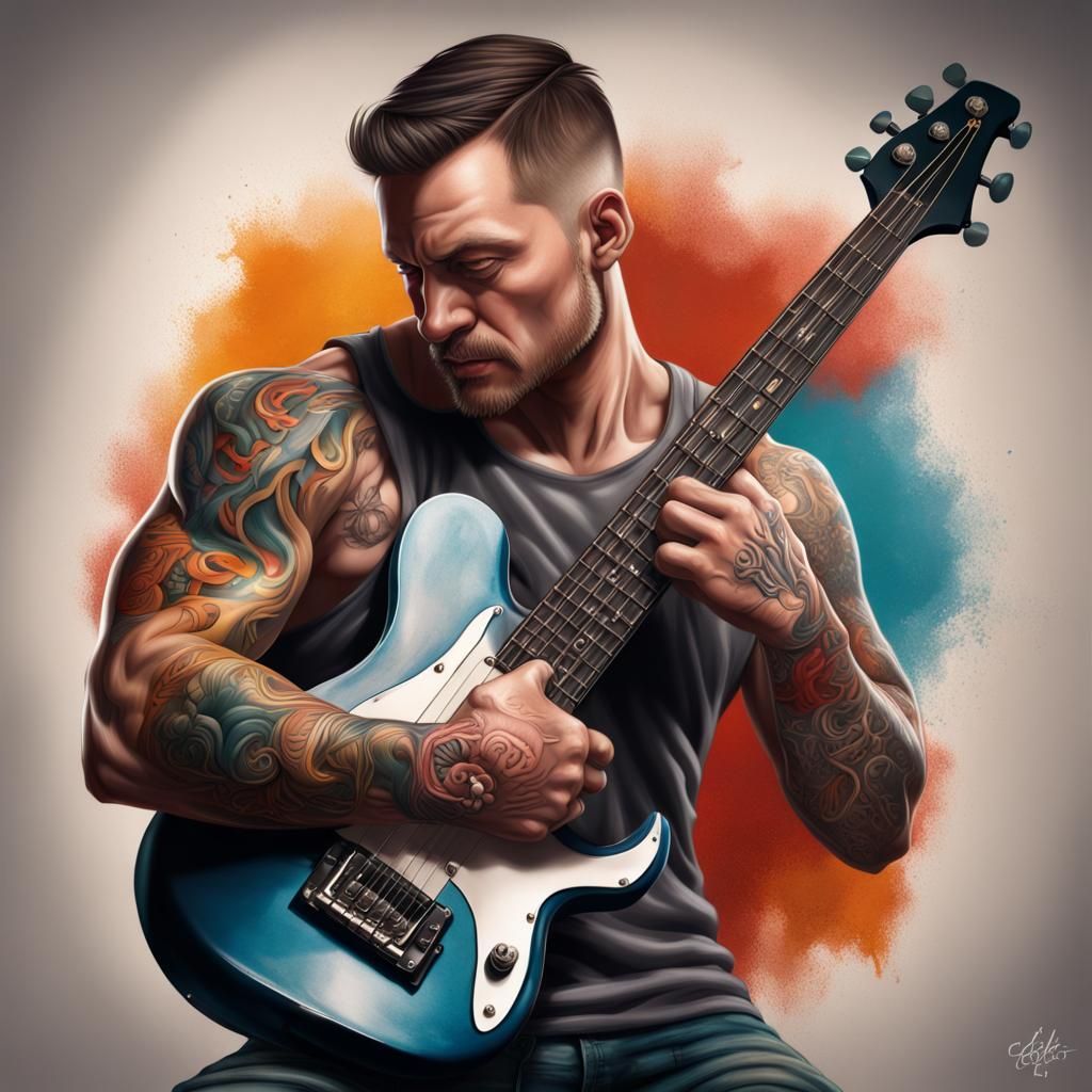 Biceps Tattoo Featuring Musical Instruments, Hyperrealistic ...