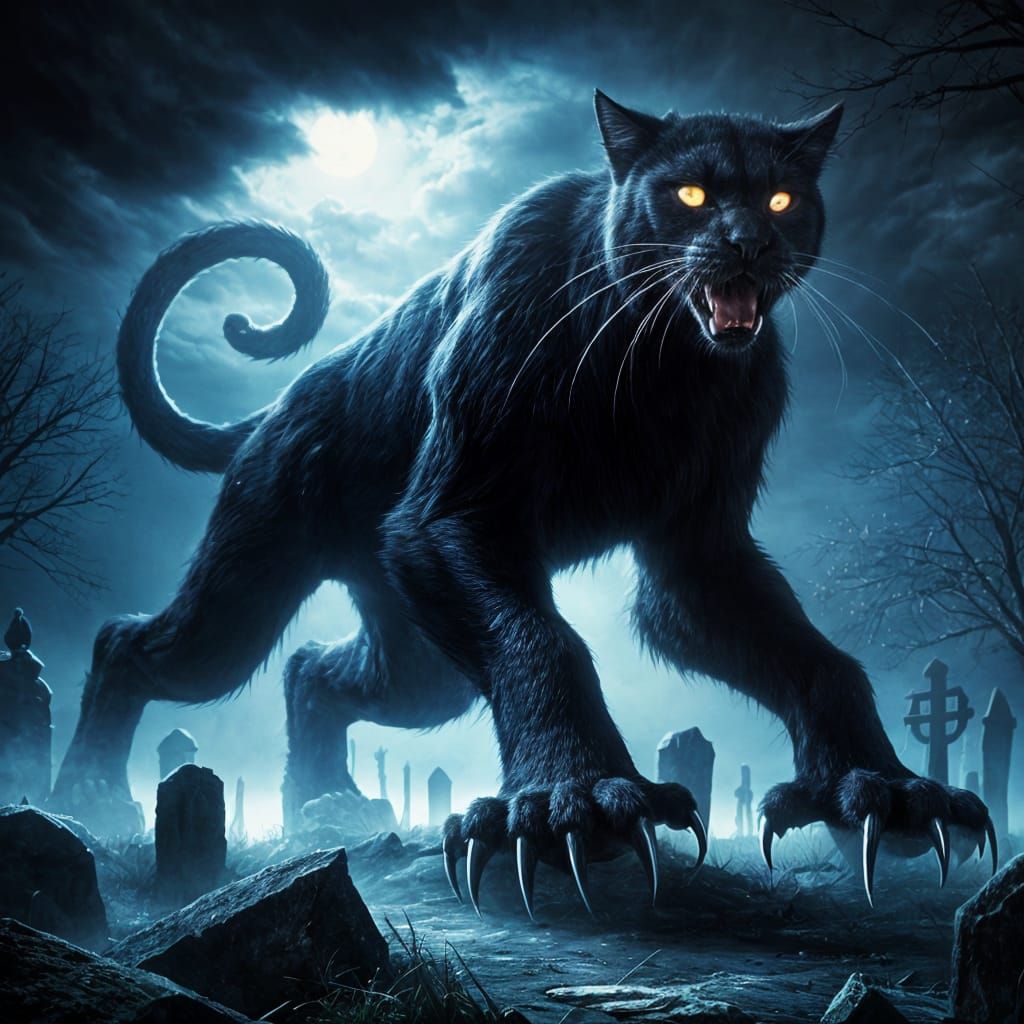 Intimidating Black Cat with Red Eyes in Graveyard