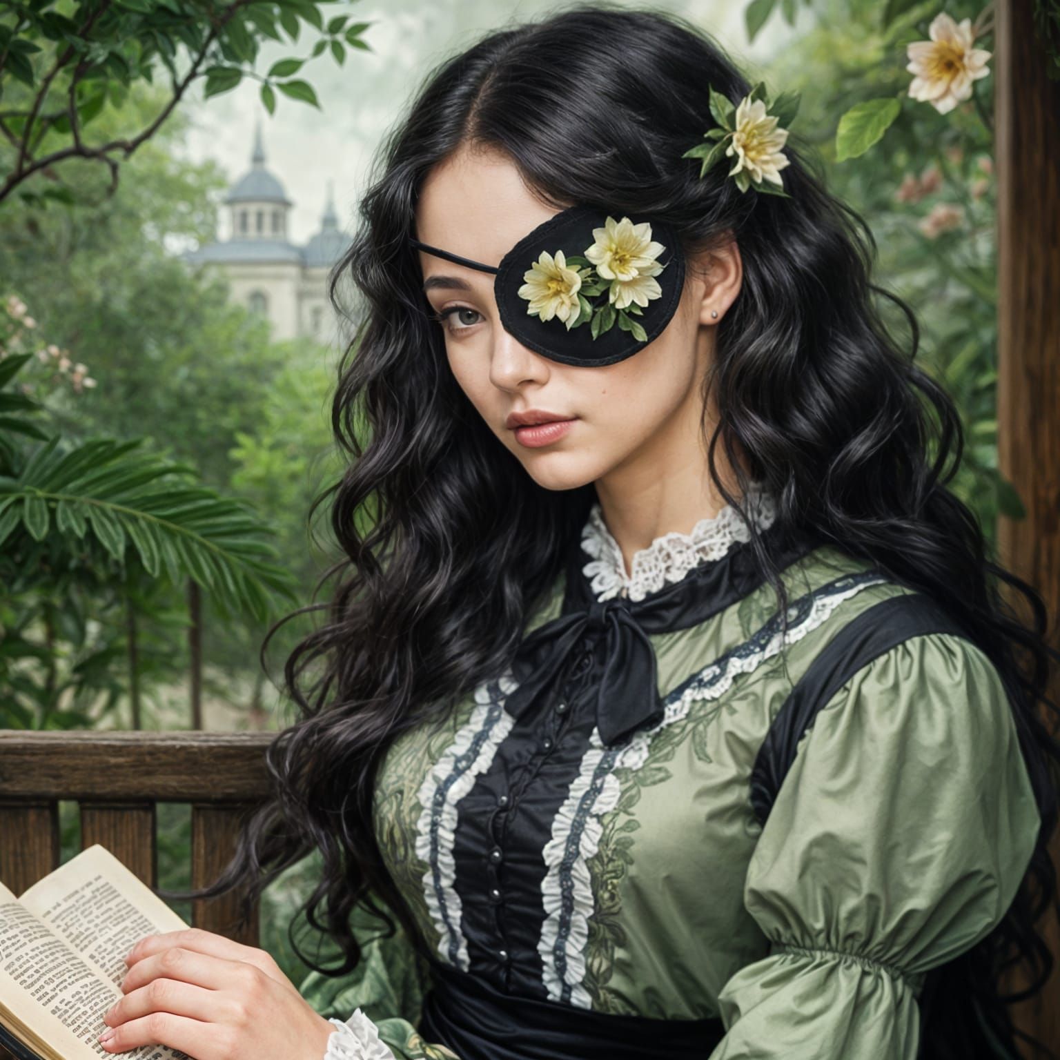 Victorian Woman with Floral Eyepatch in Botanical Garden