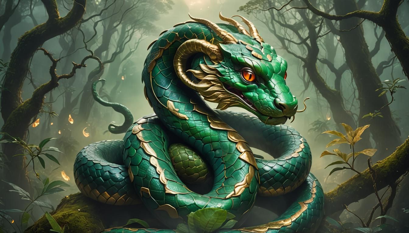 Mystical Emerald Snake in Misty Forest: Fantasy Art