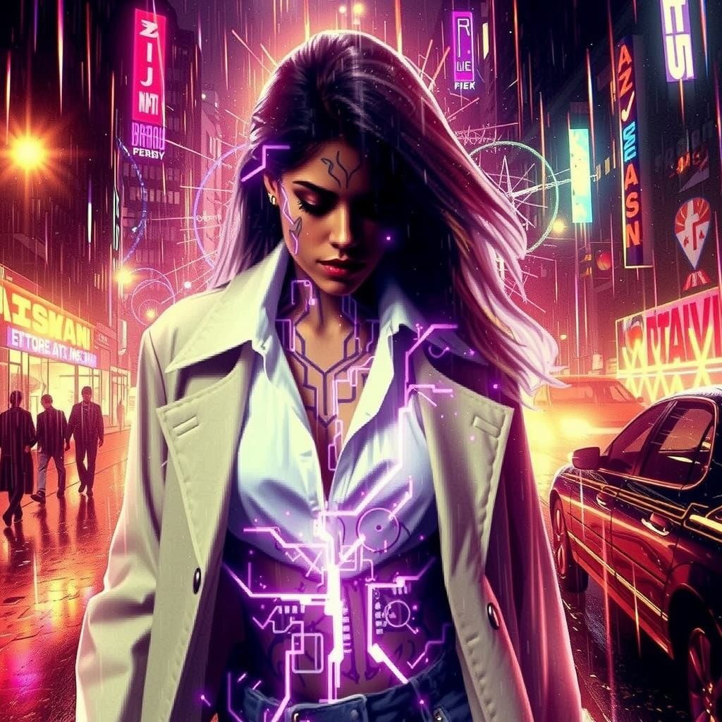 Confident Woman Navigates Futuristic City Streets in Neon No...