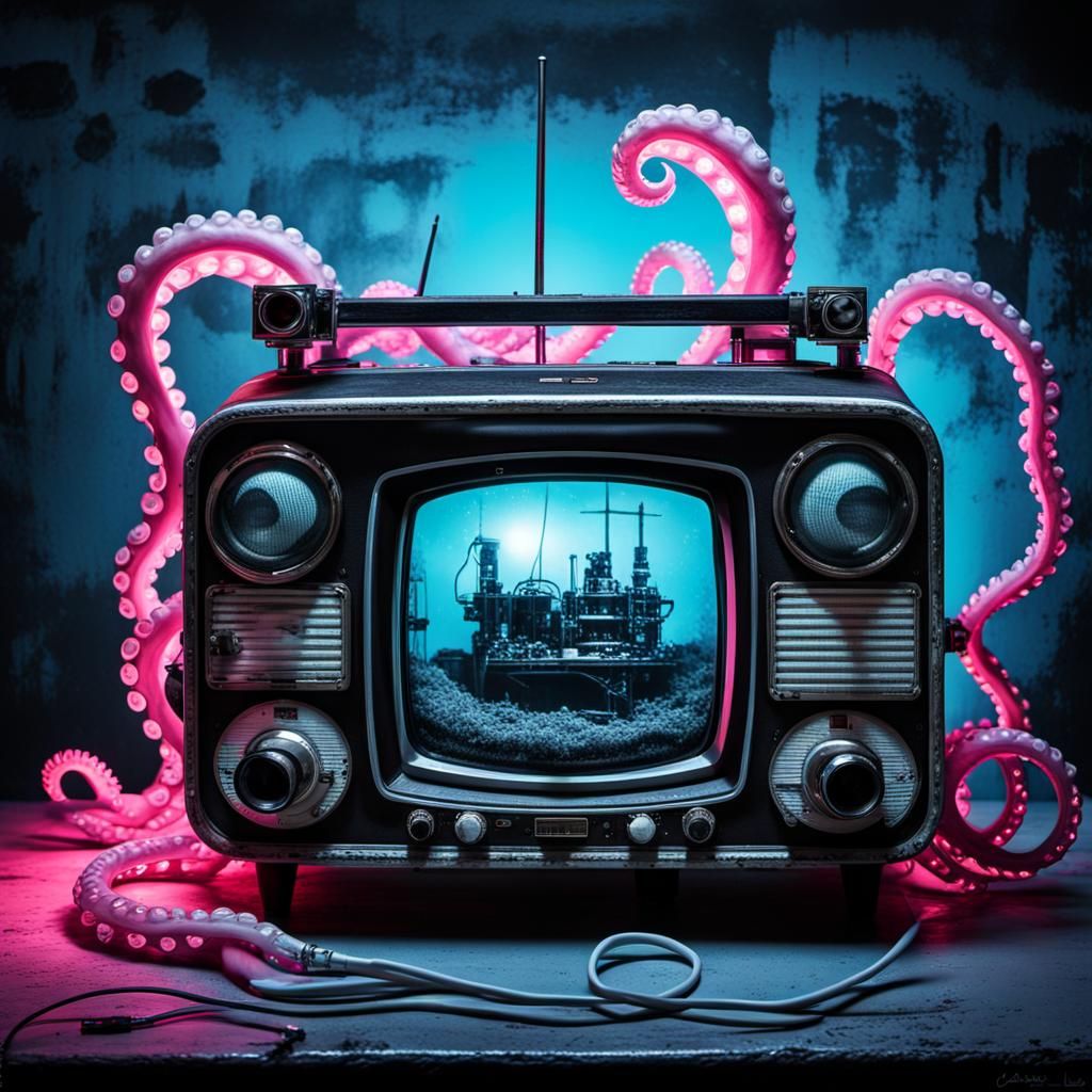 Surreal Junkyard of Vintage Tech and Neon Dreams