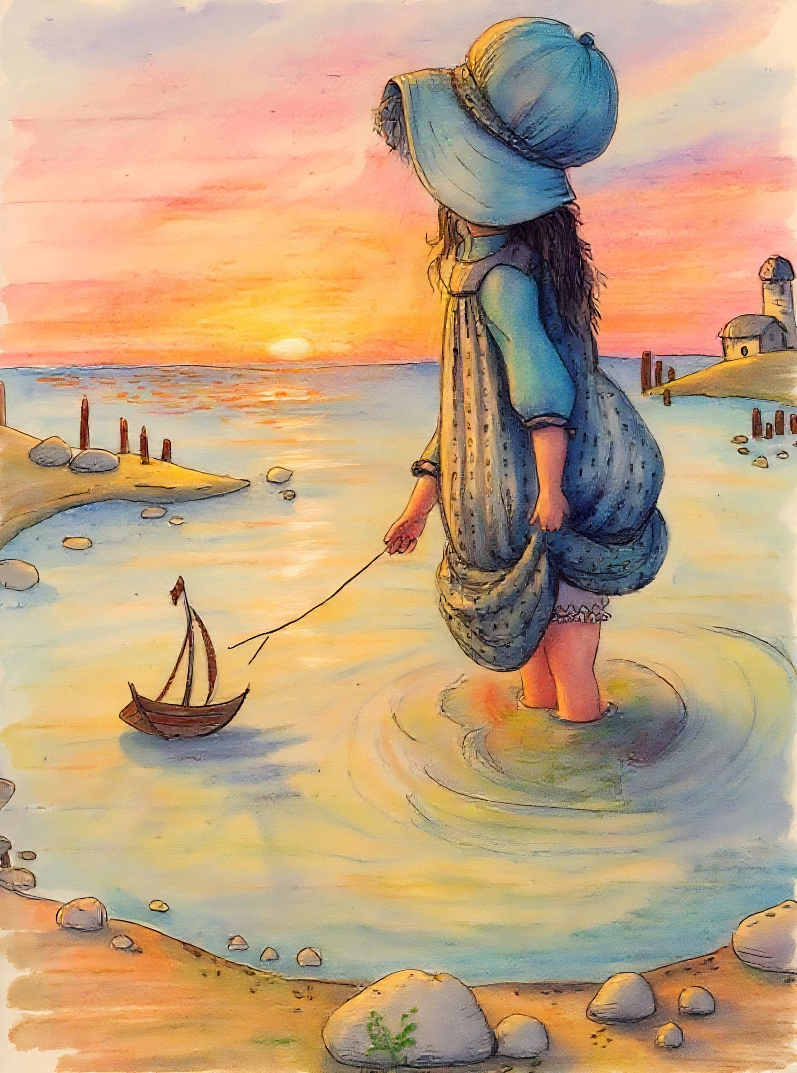 Soft Colored Pencil Storybook Sunset Illustration