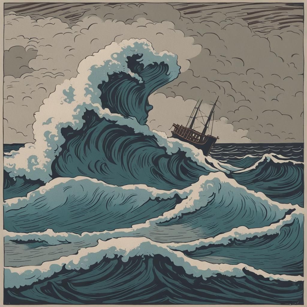 Expressionist woodcut print of a stormy sea waves and Old Boat