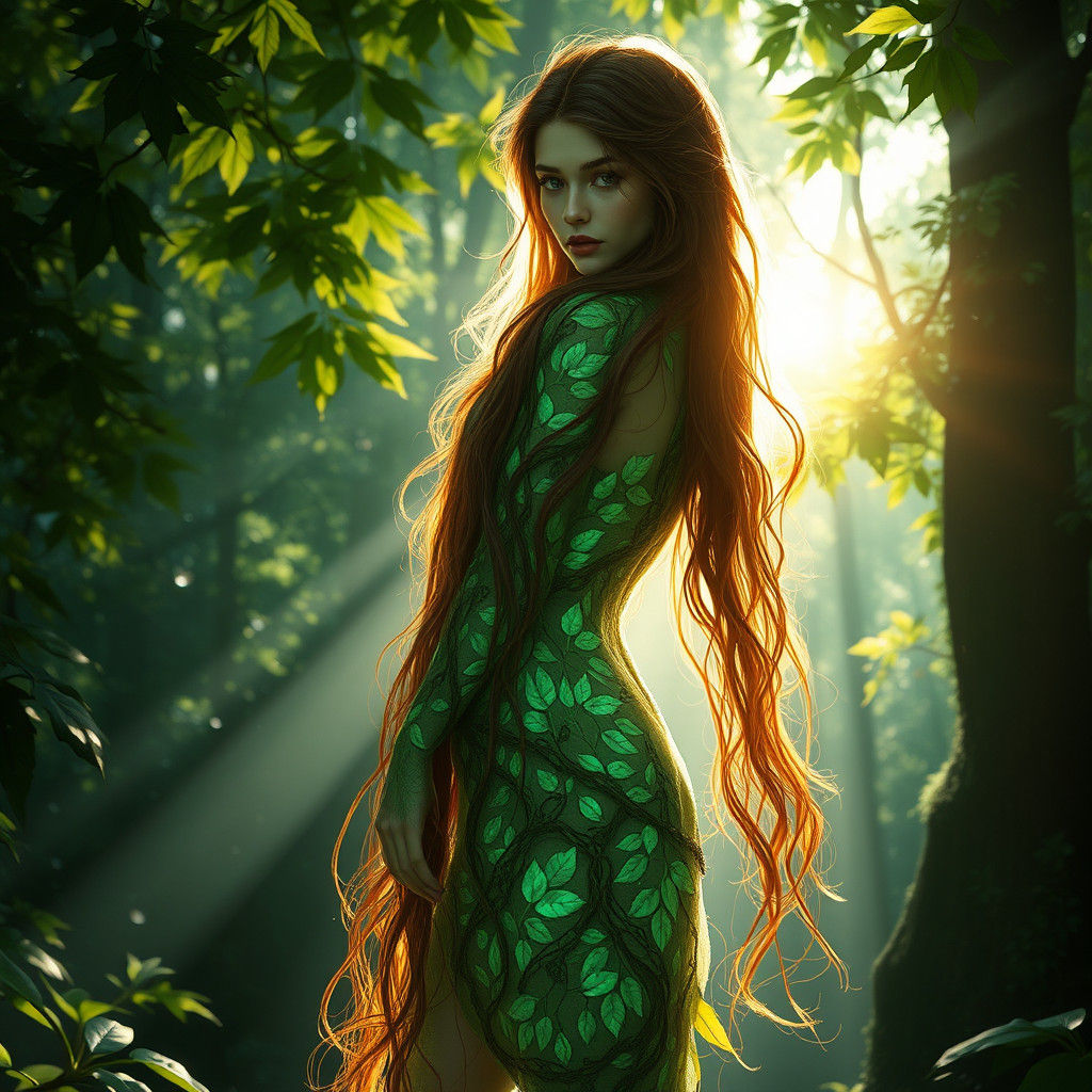 Forest Dryad with Luminescent Skin in Sunlit Glade