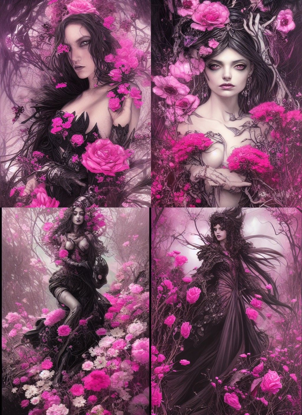 Dark Witch Queen Surrounded by Flowers, Hyperdetailed Art