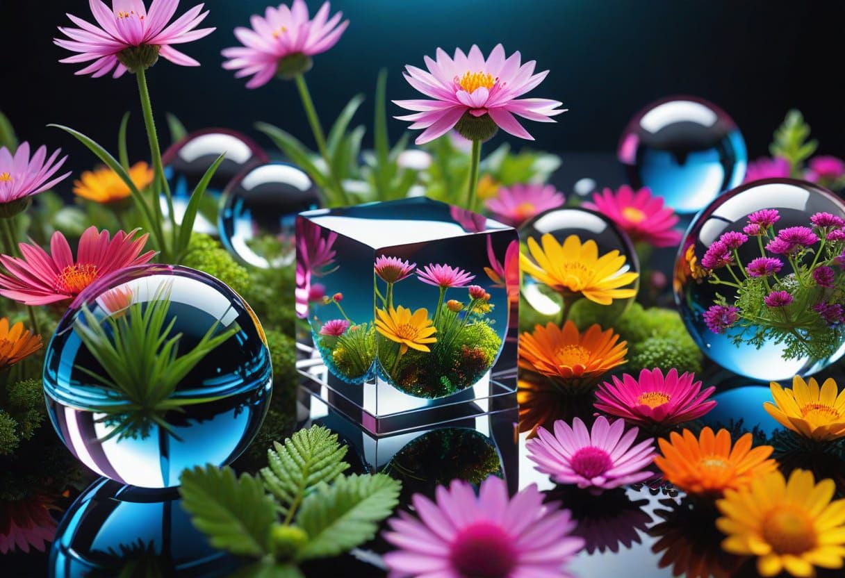 Crystal Cube Terrarium: Hyper-Realistic Digital Art