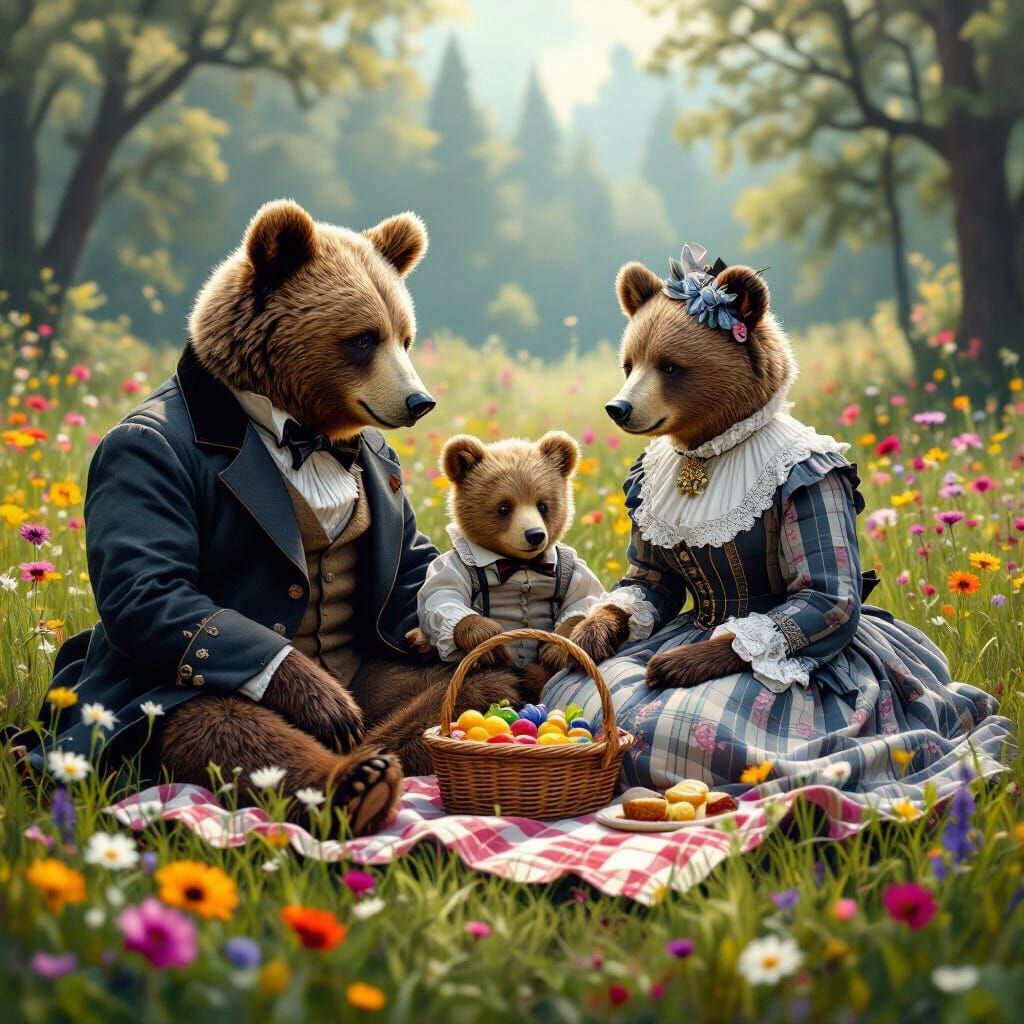 Victorian Bears' Picnic: Detailed Fabric and Oil Painting