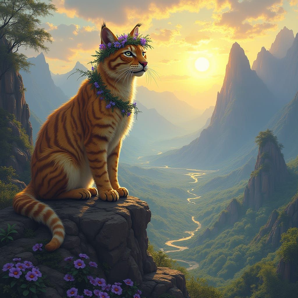 Regal Saber-Toothed Cat in Hippie Flower Crown, Art Nouveau ...