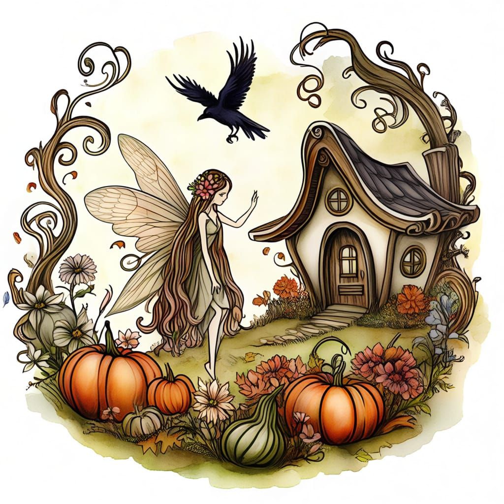Autumn Fairy with Enchanted Cottage in Watercolor Style