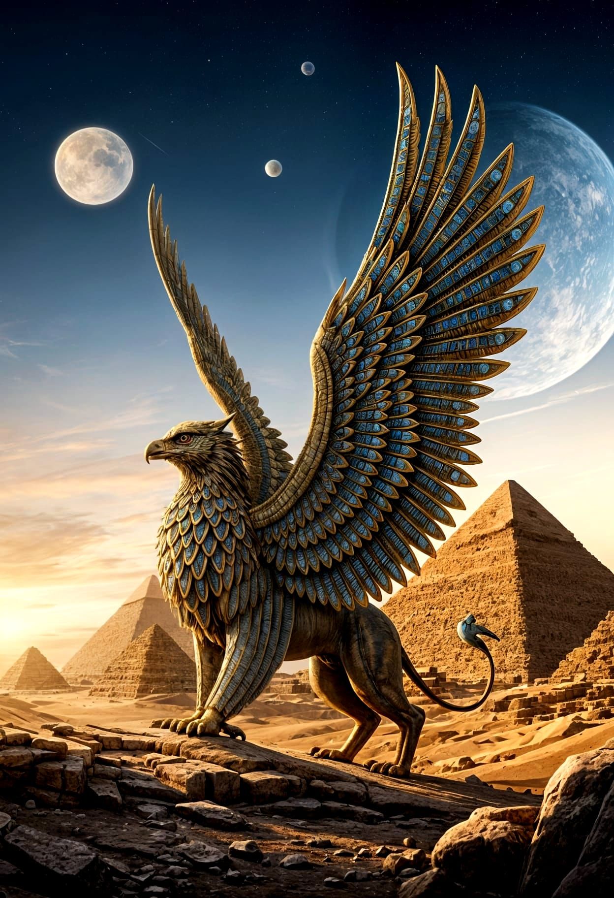 Griffin with Diamond Wings Beside Egyptian Pyramids Under St...