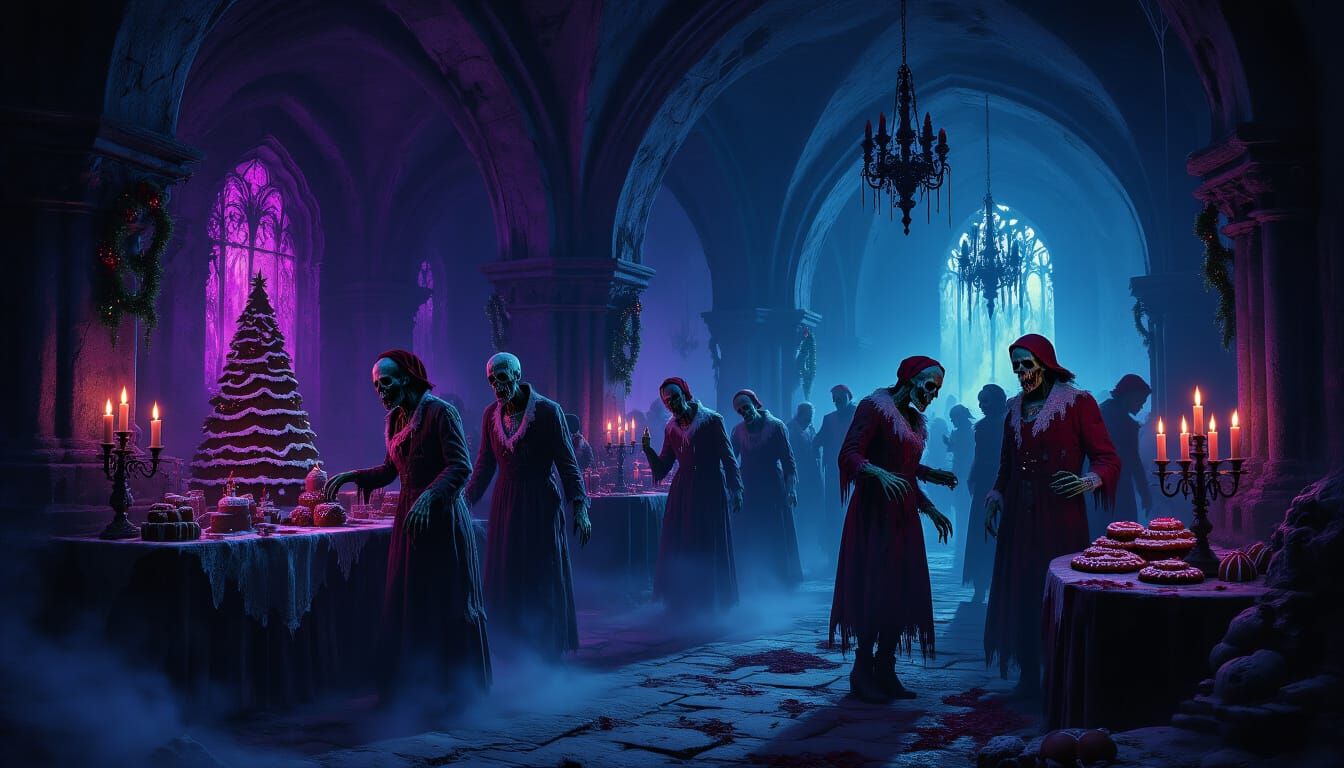 Macabre Zombie Christmas Party In Ancient Crypt