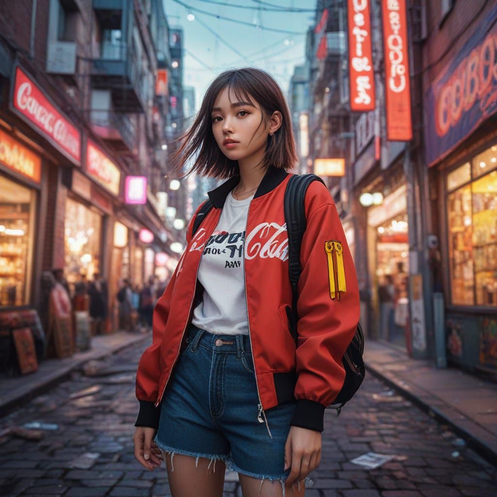 Confident City Girl Amidst Anime and Coca-Cola Mural