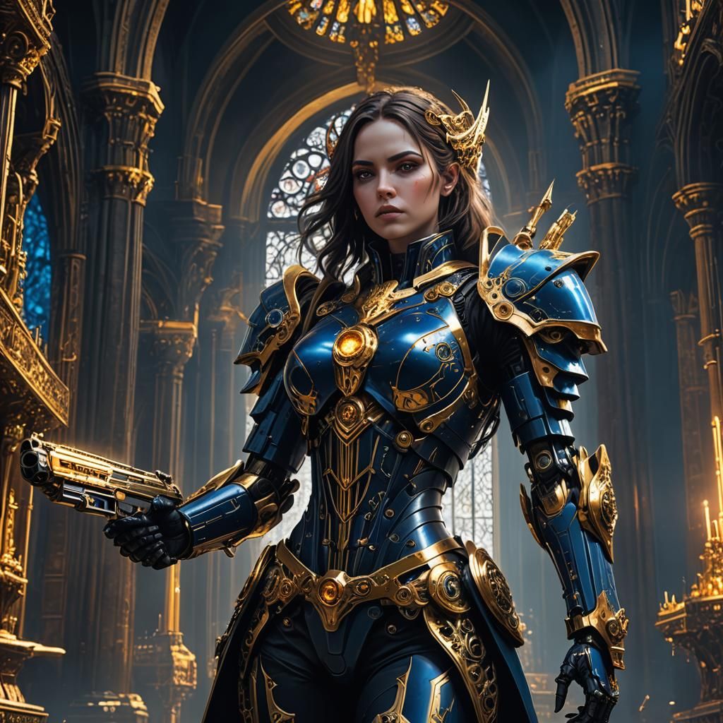 Gothic Sci-Fi Robot Warrior in Mystical Cathedral