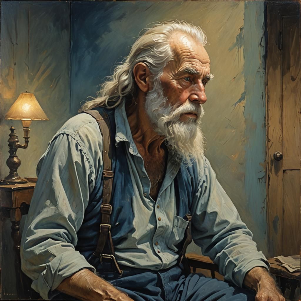 Old Man in Moonlit Room: An Oil Painting