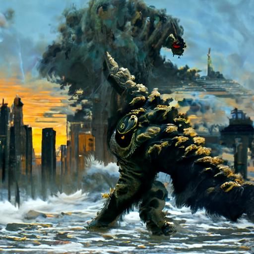 Kaiju Apocalypse: Oil Painting in Gurney Style