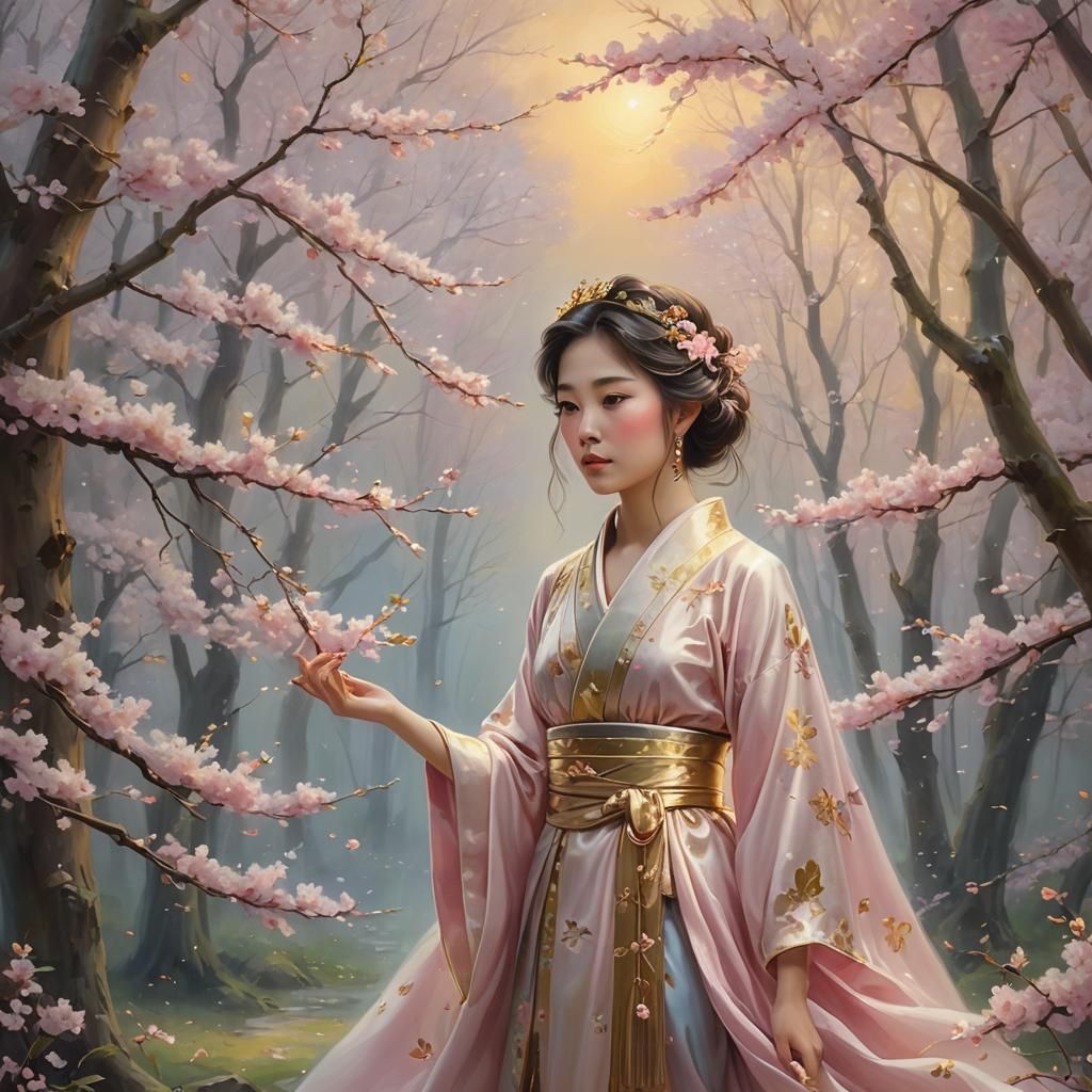 Japanese Princess in Misty Cherry Blossom Forest