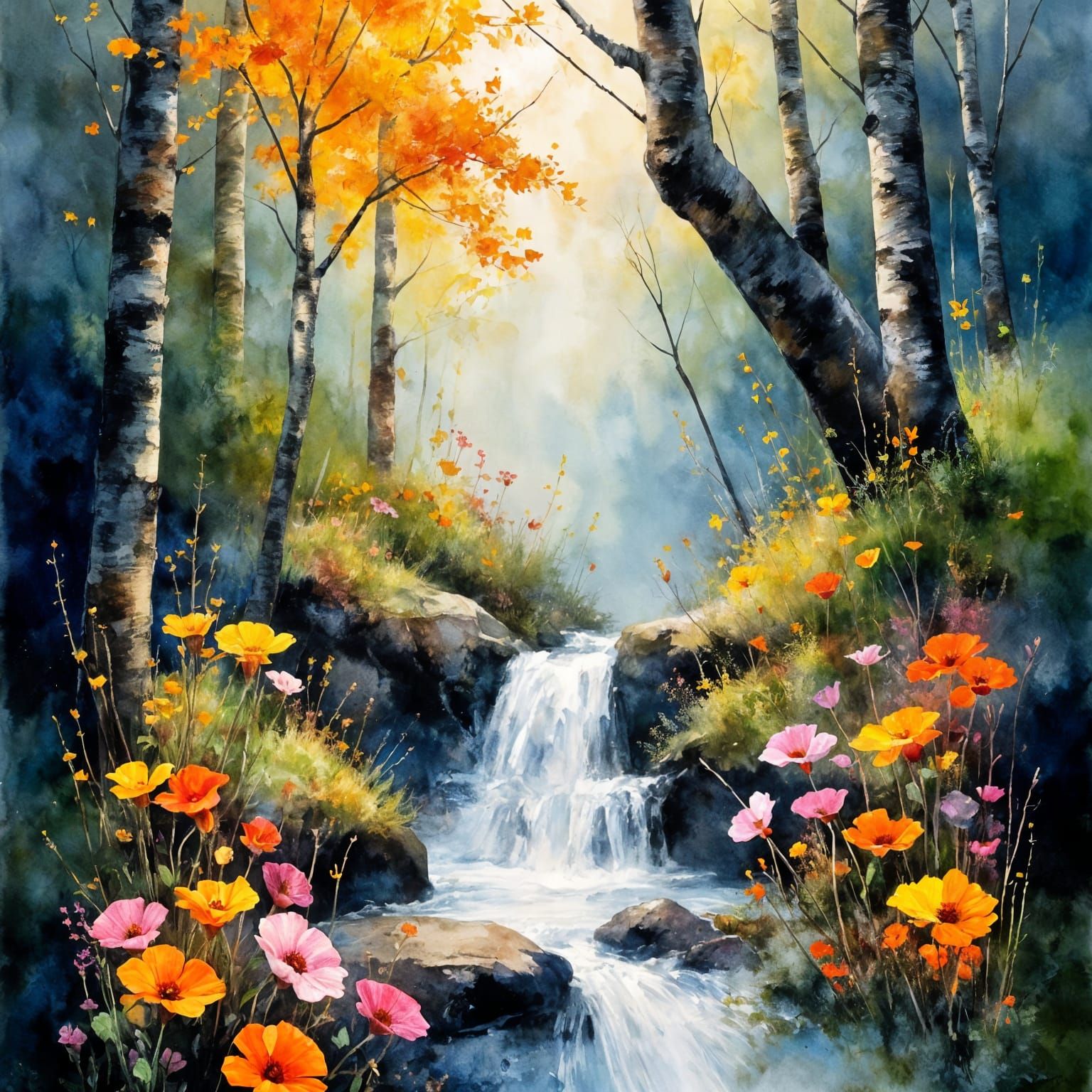 Whimsical Birch Forest in Mystical Watercolor