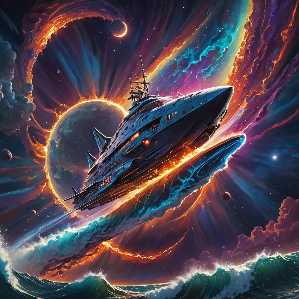 Spaceship Rides Solar Flare in Cosmic Surrealism