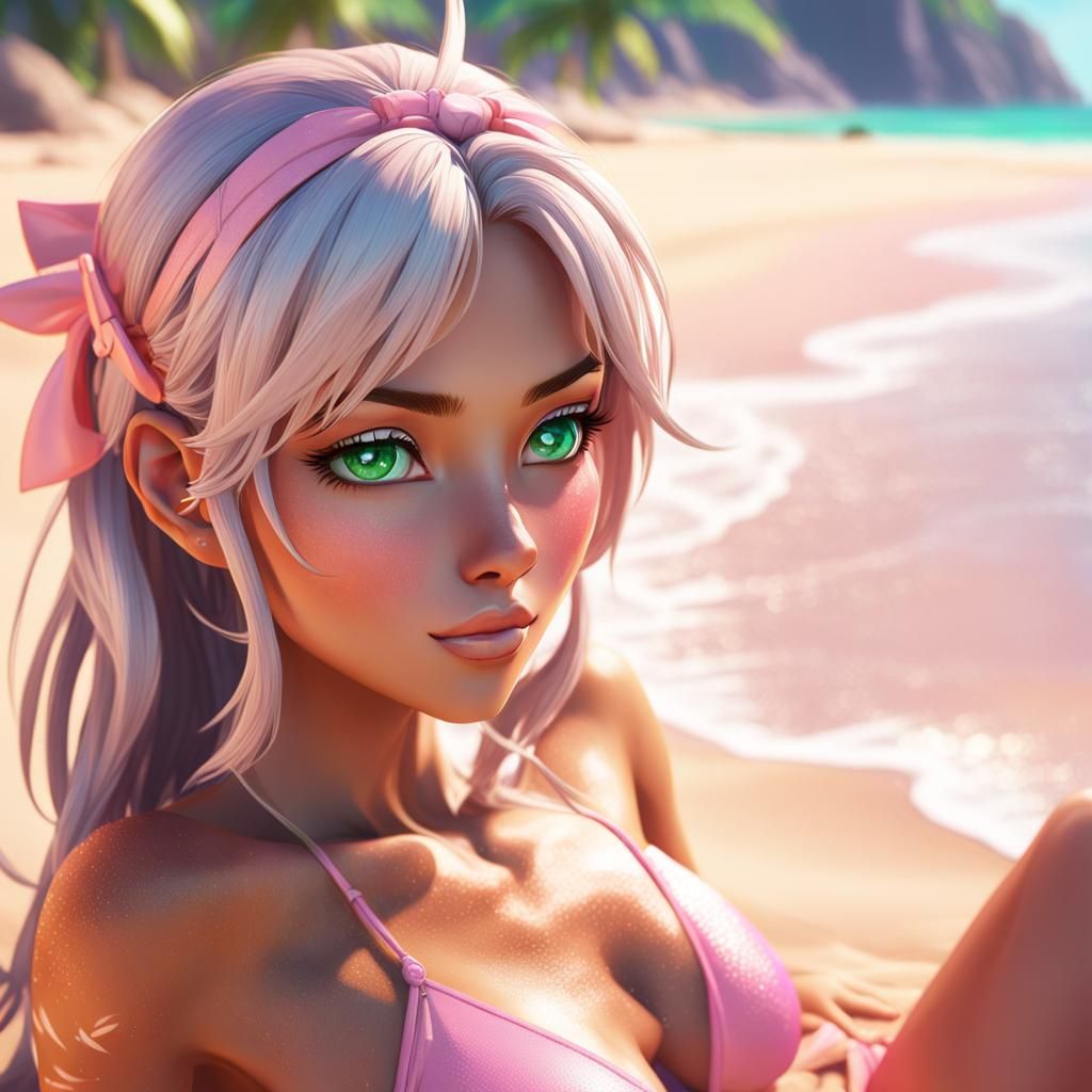 Anime Girl Portrait on Beach in 3D