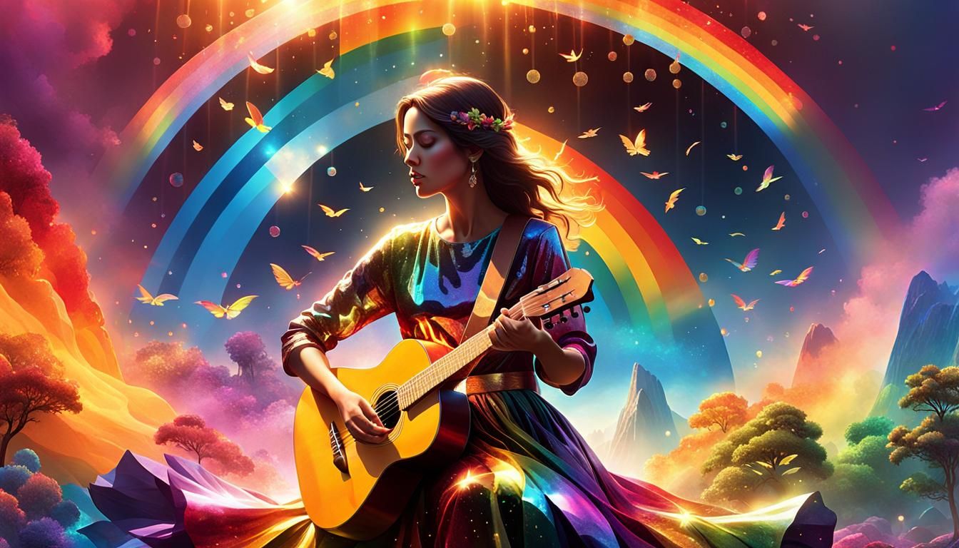 Surreal Woman Plays Guitar Amidst Vibrant Rainbow of Four Se...