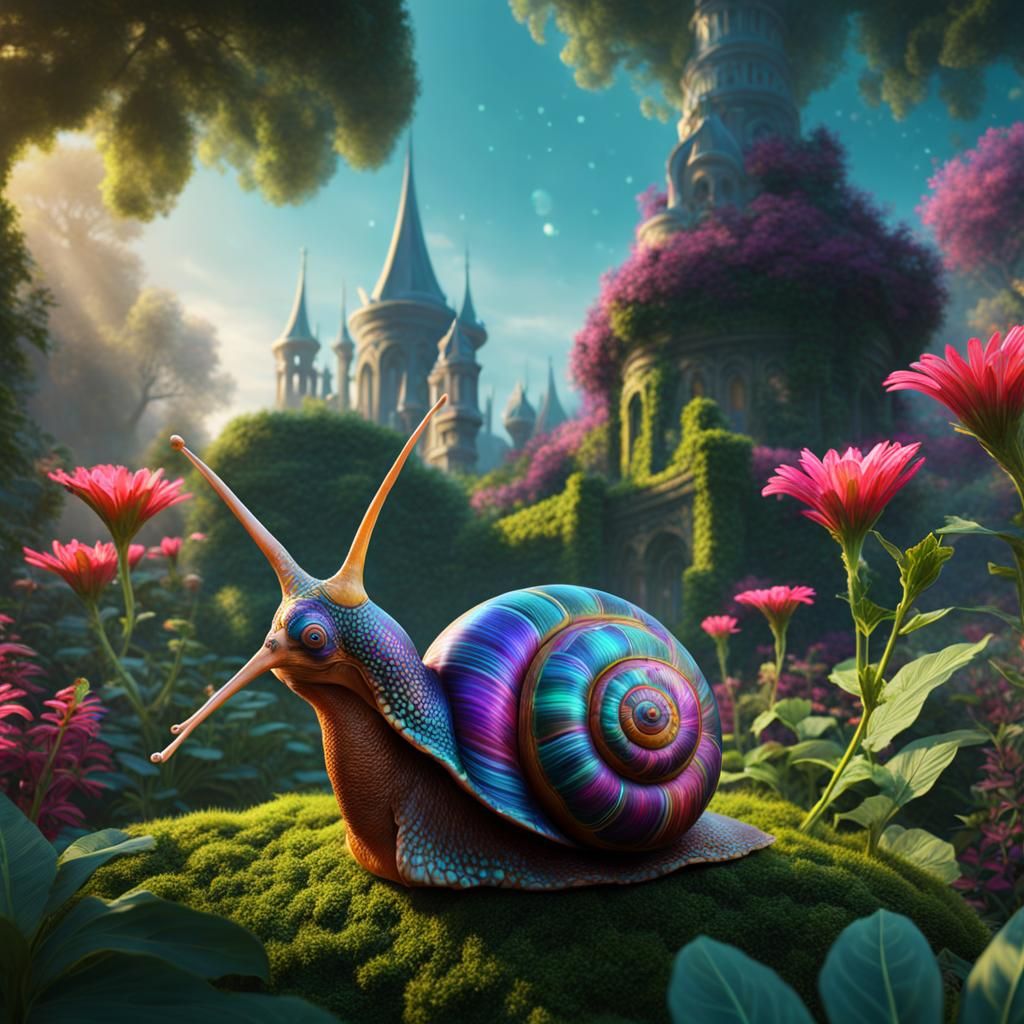 Psychedelic Snail in Fantastical Garden: Detailed Matte Pain...
