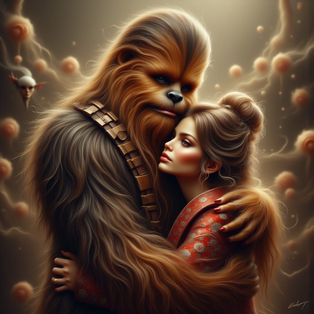 Chewbacca and Carrie Fisher Embrace in Digital Art