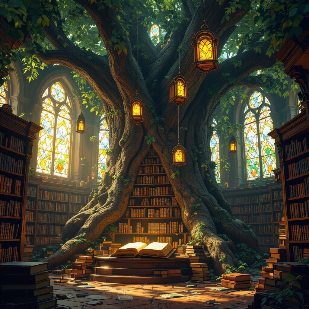 Enchanted Tree Library with Floating Books
