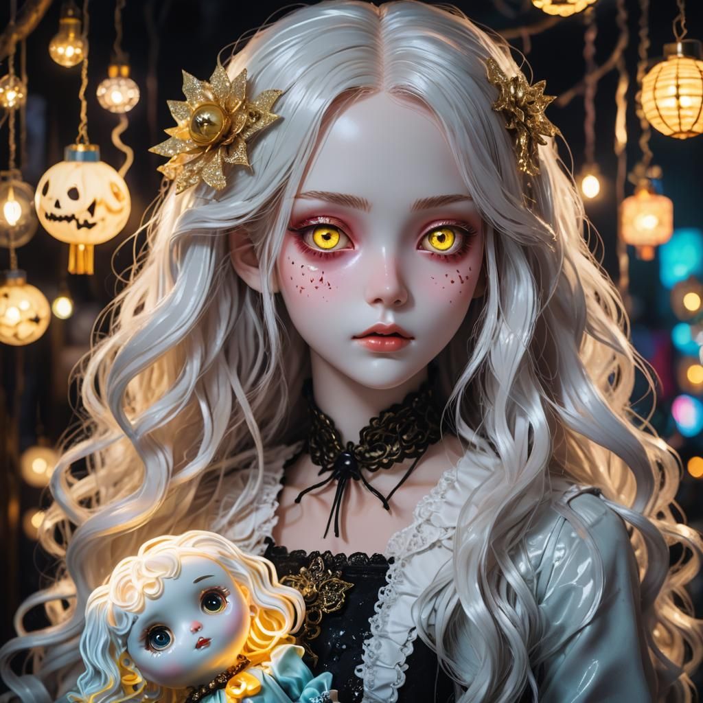 Anime Girl with Porcelain Doll in Neon Lighting