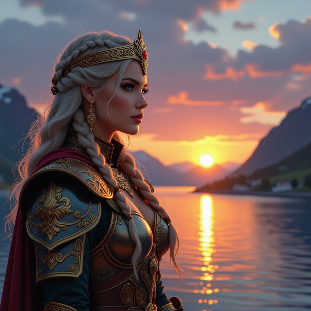 Regal Viking Queen Watching Sunset: Hyperrealistic Digital A...
