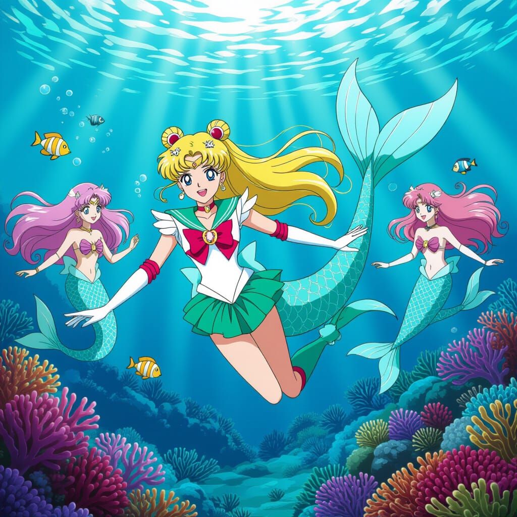 Sailor Moon as Mermaid Meets Mermaids in Vibrant Anime Style