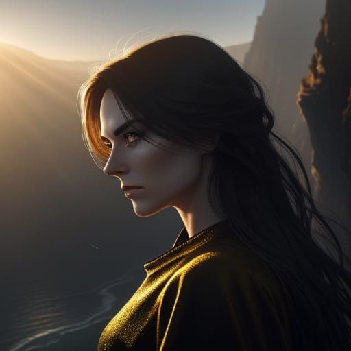 Woman on Cliff Edge in Hyperrealistic Digital Painting